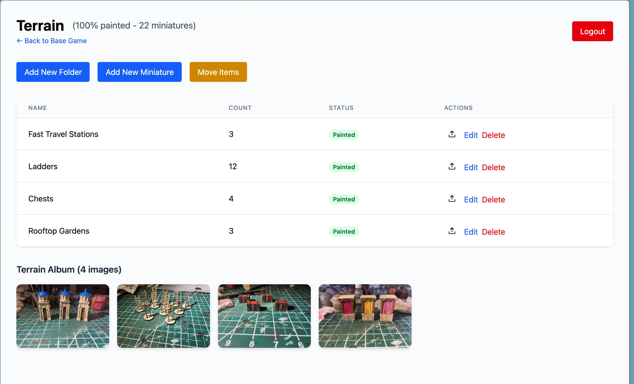 Screenshot of the app showing the album with painted miniatures for the Assassin's creed game terrain set