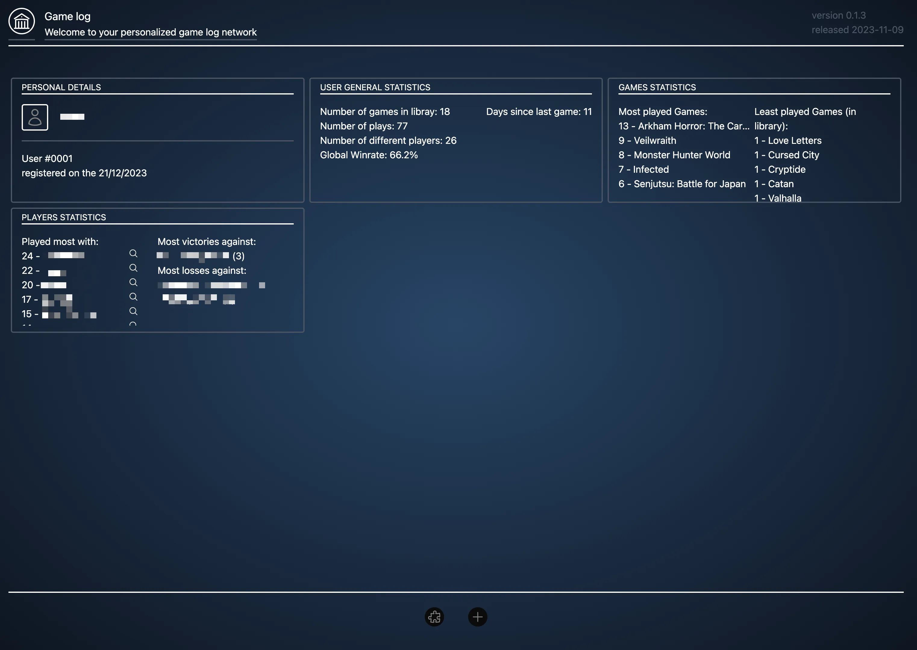 screenshot of my board game app with statistics