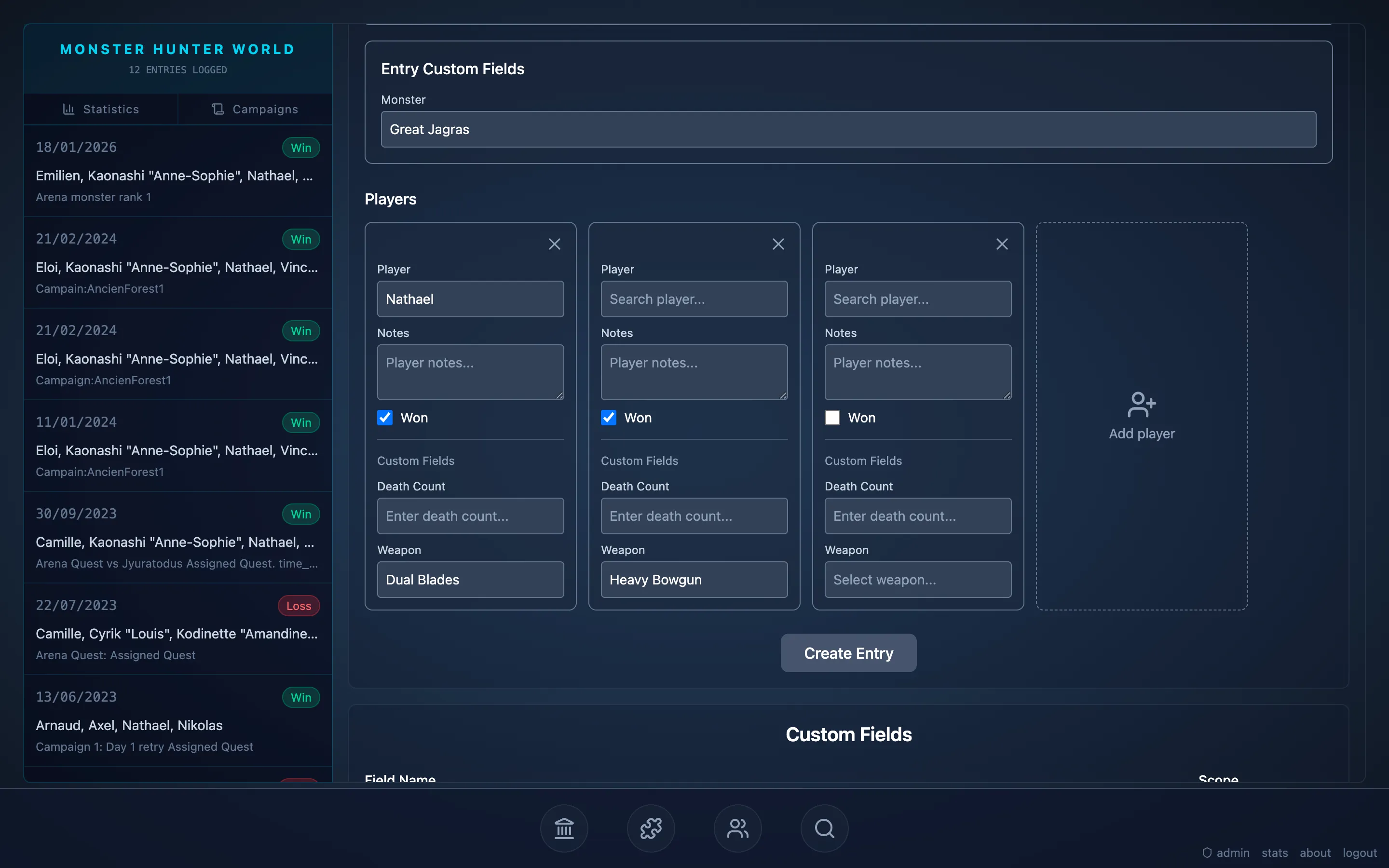 Monster Hunter World play entry form with past sessions on the left and player cards for custom fields like weapon and death count.