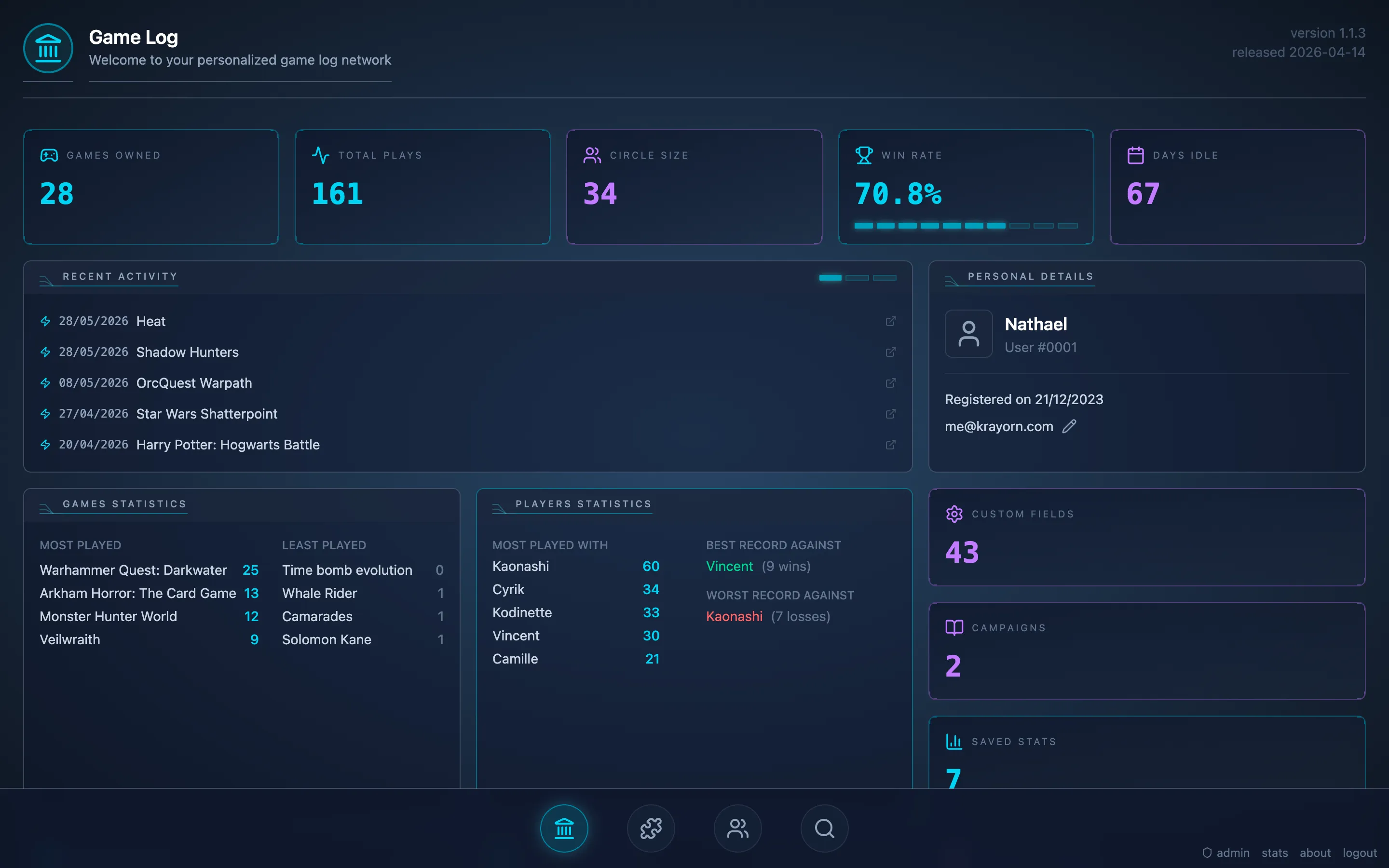 Dark neon Game Log home dashboard showing games owned, total plays, win rate, recent sessions, and player stats.