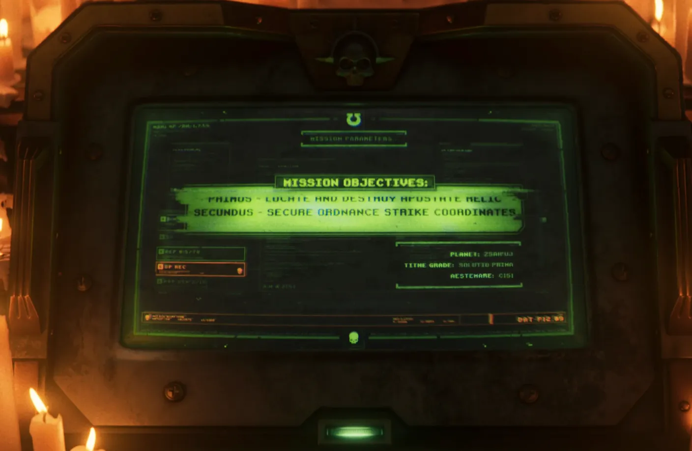 Screenshot of the seceret level warhammer episode showing a computer with 'MISSIONS OBJECTIVES'