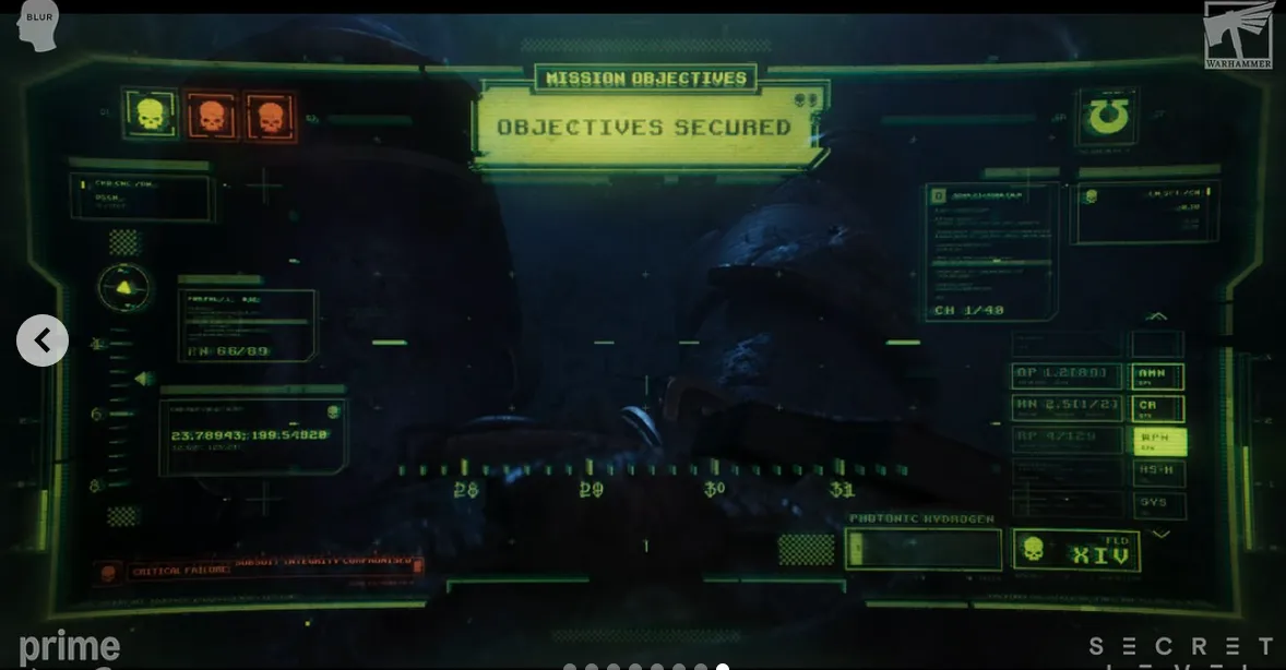 Screenshot of the seceret level warhammer episode showing all kind of data to a space marine