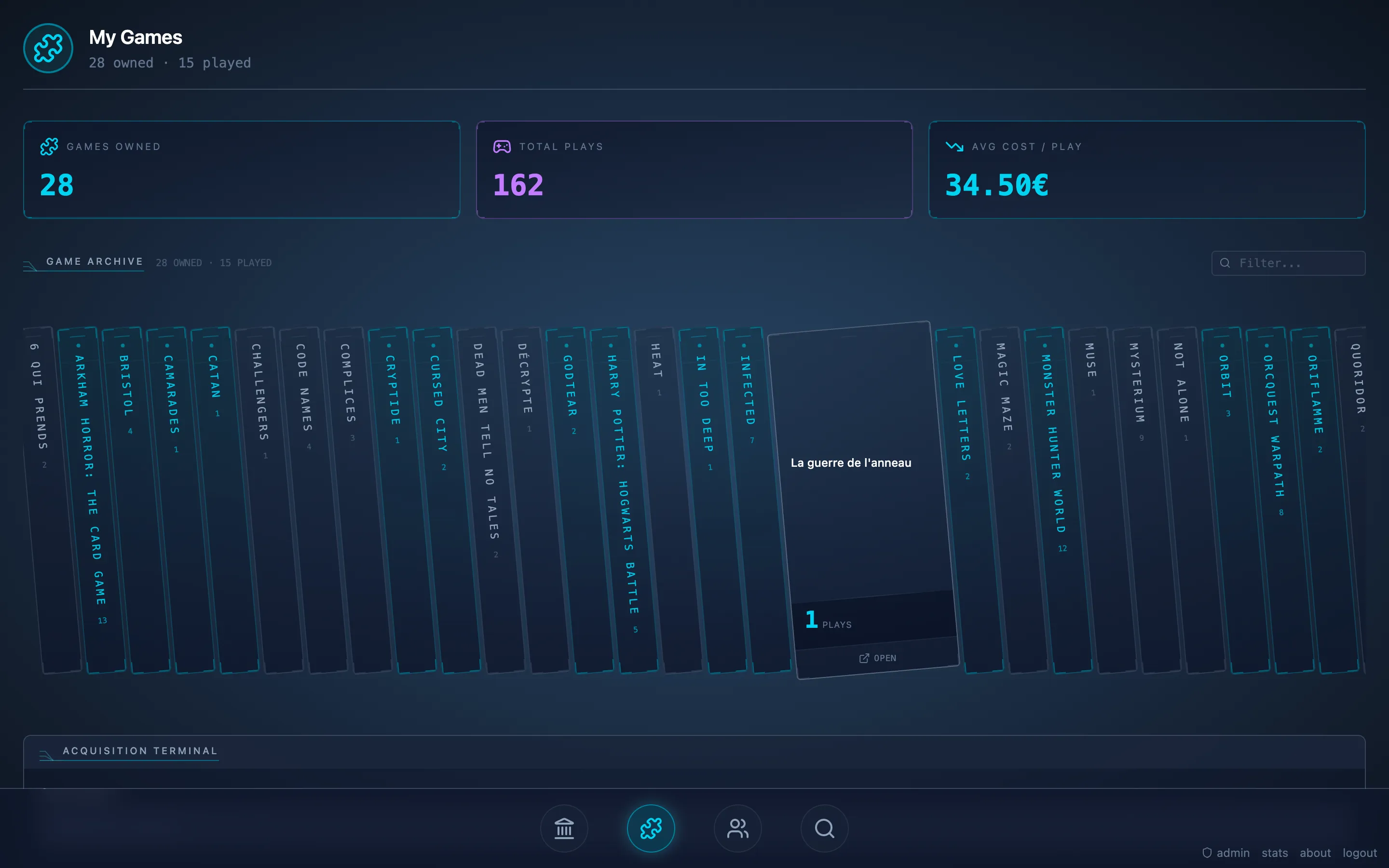 My Games inventory page with owned and play stats above a horizontal shelf of vertical game spines, one game expanded.