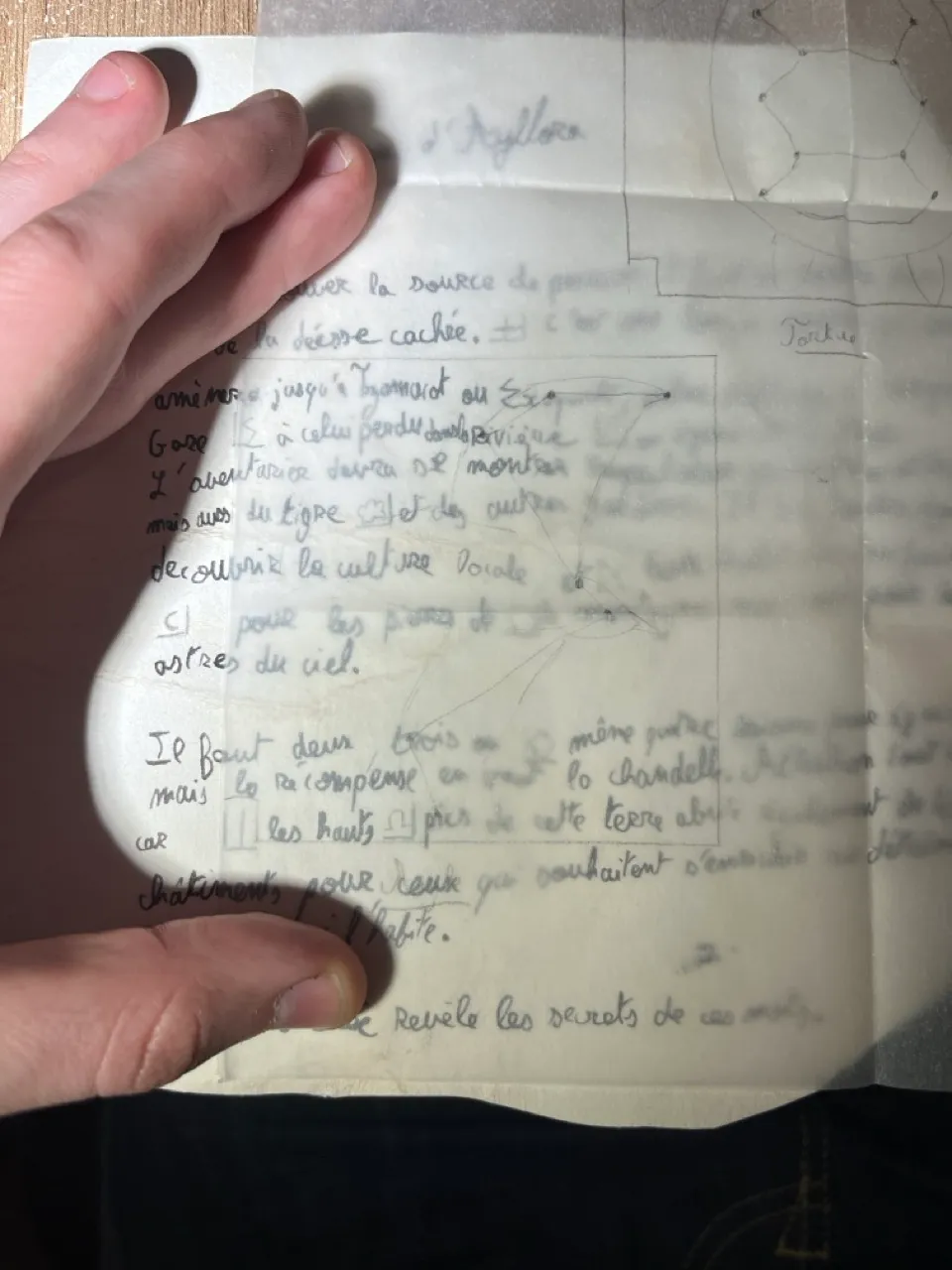 The legend showing the hidden phrase revealed. The little notch on the bottom left of the box helps positioning the paper.