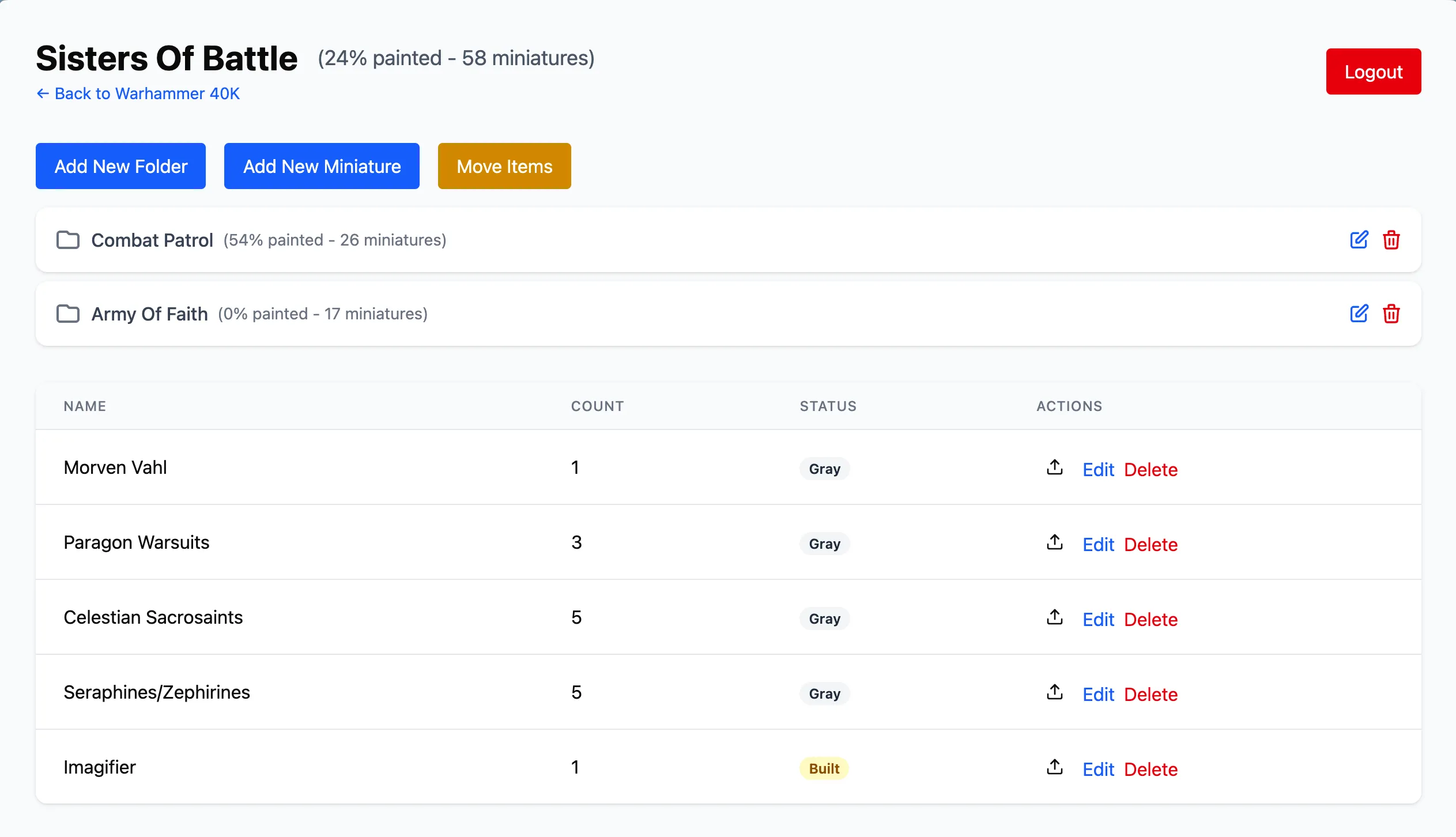 Screenshot of the app showing the completion of my Sisters of Battle army